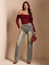 Women Off-Shoulder Solid Color Sexy See-Through Mesh Patchwork Ruched Bodysuit For Halloween